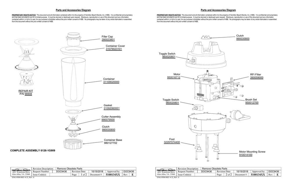 Diagram Diagram and Parts List for 1G909-UK  Hamilton Beach Blender